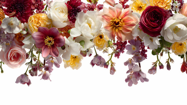 Colorful flowers arranged in a horizontal border against a clean transparent background provide a vibrant botanical display.