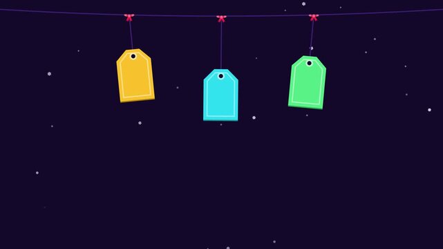 Animated festive gift tags hanging on twine in a minimal flat vector style, purple and violet on a dark background. Smooth 4K seamless loop with calm motion and plenty of empty space for text. Widescr