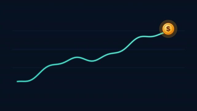 2D animation of a golden dollar coin launching upwards as a growth arrow on dark background