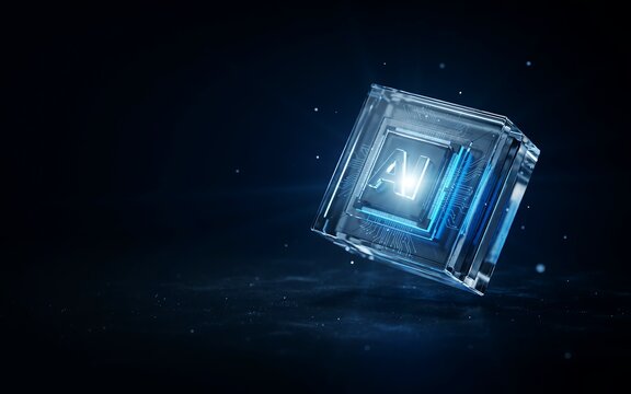 Glowing glass cube with digital processor chip inside representing