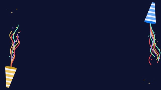Seamless 4K looping winter holiday animation: party popper corner streamers flying. Flat vector shapes in deep blue on a dark background with generous copy space for your own greeting or title. Horizo