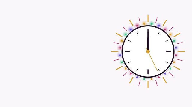 Seamless 4K looping winter holiday animation: midnight clock moment ray flash. Flat vector shapes in purple and violet on a light background with generous copy space for your own greeting or title. Ho