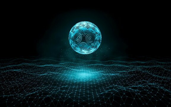 Glowing blue sphere floating above a digital wireframe landscape