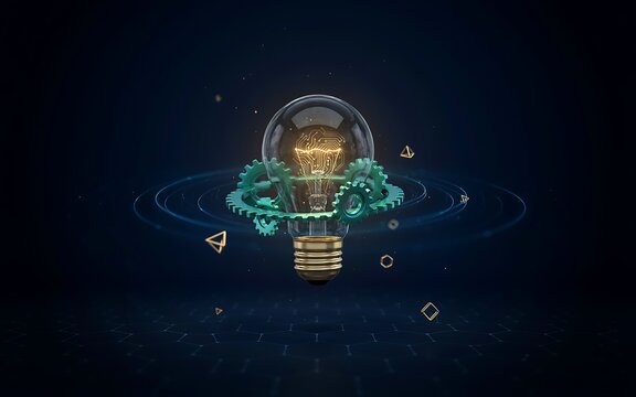 Glowing light bulb with mechanical gears representing innovation and
