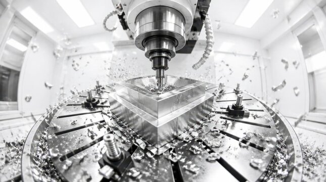Close-up of a CNC milling machine cutting a metal block, with metal shavings flying. Industrial manufacturing and precision engineering in a workshop.