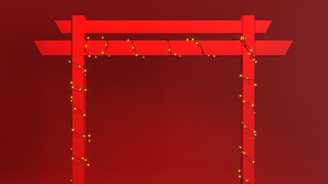 Red Asian Torii Gate Decorated with Golden String Lights on Red Background
