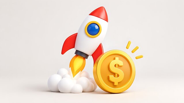 3D rendering of business startup rocket launching next to dollar coin