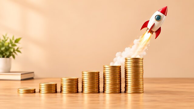 Office desk concept with rocket launching from gold coin graph
