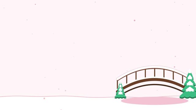 Seamless 4K looping winter holiday animation: bridge in snow railings frosting. Flat vector shapes in green and emerald on a light background with generous copy space for your own greeting or title. H