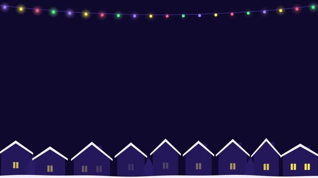 Seamless 4K looping winter holiday animation: snowy village silhouette windows glowing. Flat vector shapes in deep blue on a dark background with generous copy space for your own greeting or title. Ho