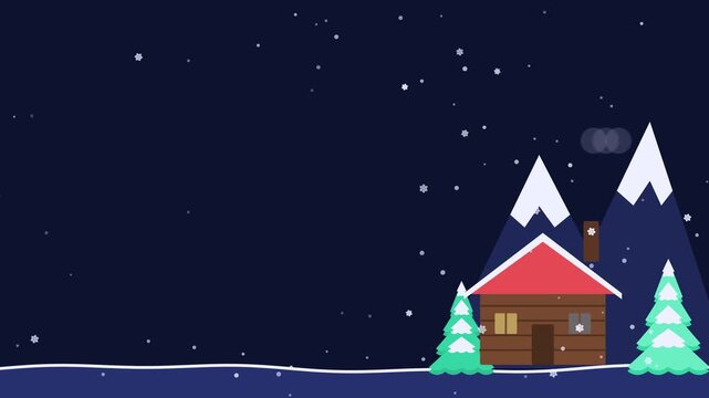Seamless 4K looping winter holiday animation: mountain cabin corner chimney smoking. Flat vector shapes in deep blue on a dark background with generous copy space for your own greeting or title. Horiz