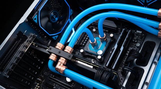 Highend custom liquid cooled gaming pc interior with blue coolant tubing, copper fittings, and rgb lighting components inside a computer case