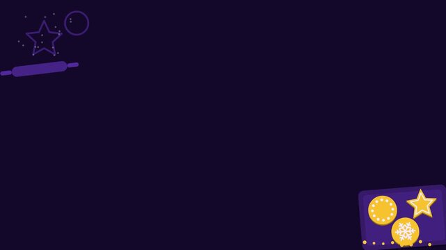 Animated festive cookies tray corner crumbs hopping in a minimal flat vector style, purple and violet on a dark background. Smooth 4K seamless loop with calm motion and plenty of empty space for text.