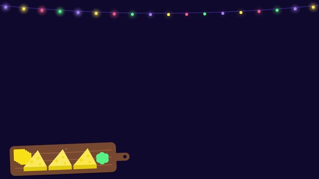 Seamless 4K looping winter holiday animation: cheese board corner slices glowing. Flat vector shapes in deep blue on a dark background with generous copy space for your own greeting or title. Horizont