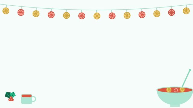 Seamless 4K looping winter holiday animation: fruit punch bowl slices bobbing. Flat vector shapes in gold and yellow on a light background with generous copy space for your own greeting or title. Hori