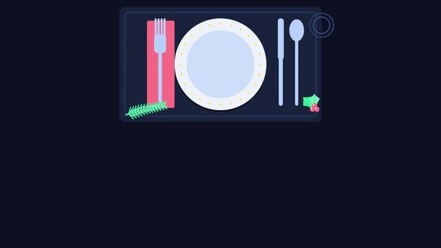 Animated festive festive table setting from above in a minimal flat vector style, deep blue on a dark background. Smooth 4K seamless loop with calm motion and plenty of empty space for text. Widescree
