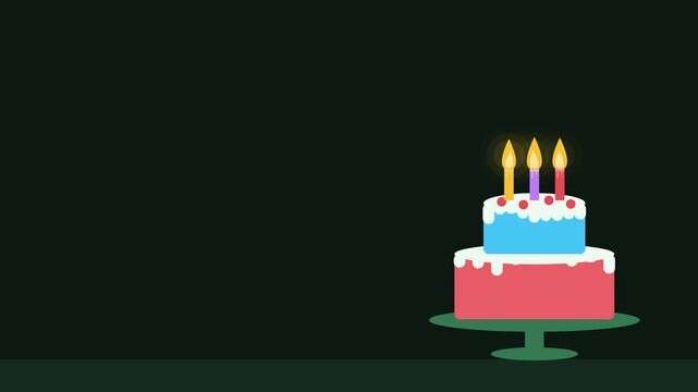 Animated festive cake with candles flames glowing in a minimal flat vector style, green and emerald on a dark background. Smooth 4K seamless loop with calm motion and plenty of empty space for text. W