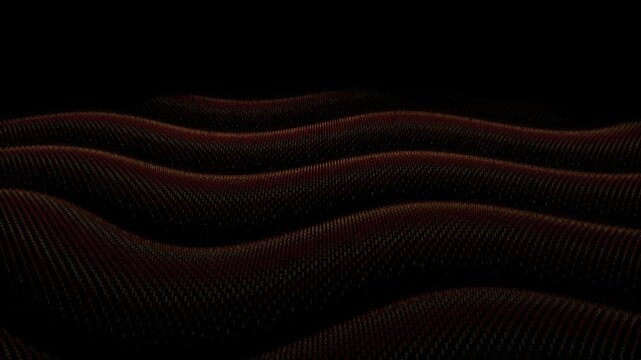 Abstract digital waves of glowing red binary numbers moving rhythmically across dark cyberspace background in futuristic technology simulation