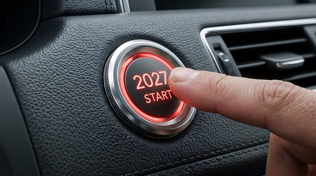 Finger presses glowing red car engine start button engraved 2027 start