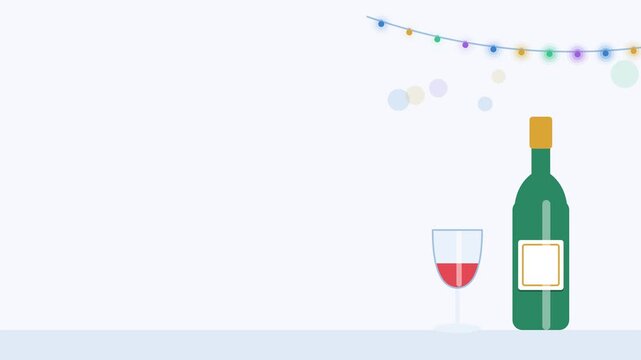 Animated festive wine bottle and glass shine in a minimal flat vector style, green and emerald on a light background. Smooth 4K seamless loop with calm motion and plenty of empty space for text. Wides