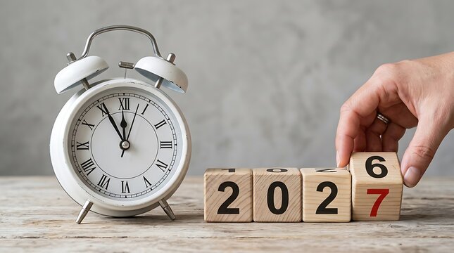 White Roman numeral alarm clock beside hand flipping final cube to 2027