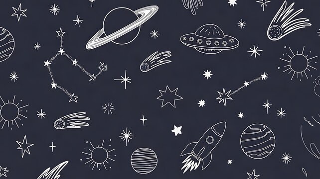 A playful hand-drawn outer space doodle pattern featuring Saturn-like ringed planets, shooting stars, constellations, crescent moons, flying saucers, rockets and celestial symbols. 