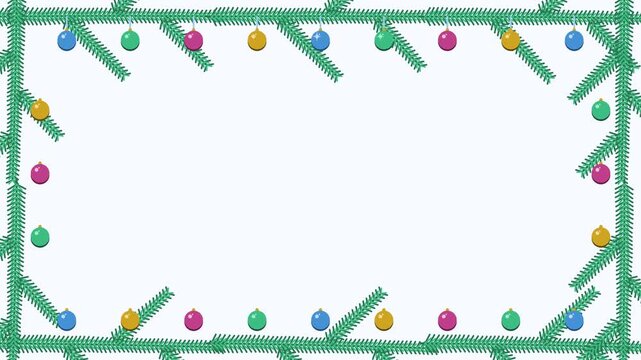 Animated festive ornament border frame baubles glinting in a minimal flat vector style, green and emerald on a light background. Smooth 4K seamless loop with calm motion and plenty of empty space for 