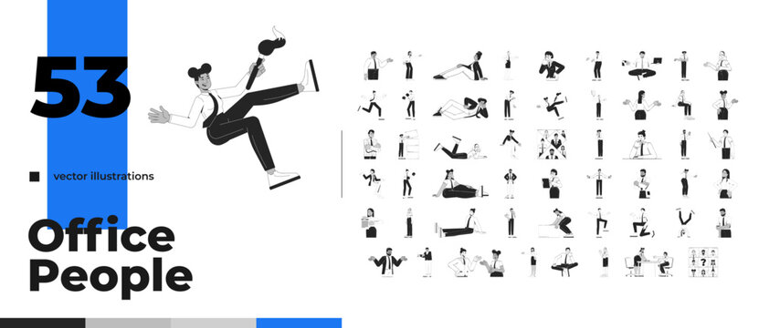 Creative office professionals actions and workplace emotions outline illustration big set. Diverse employees daily gestures 2D line characters isolated. Monochrome vector linear image collection