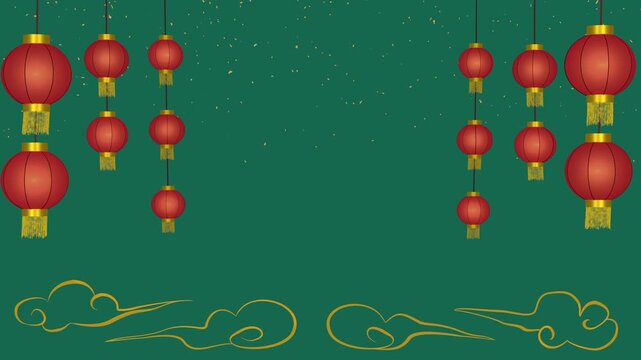 Red Chinese Lanterns Framing Copy Space with Floating Gold Clouds on Jade Green