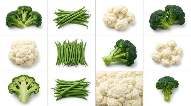 Fresh green broccoli cauliflower and string beans arranged in a clean grid collection of healthy raw vegetables for cooking and balanced diet meal preparation at home