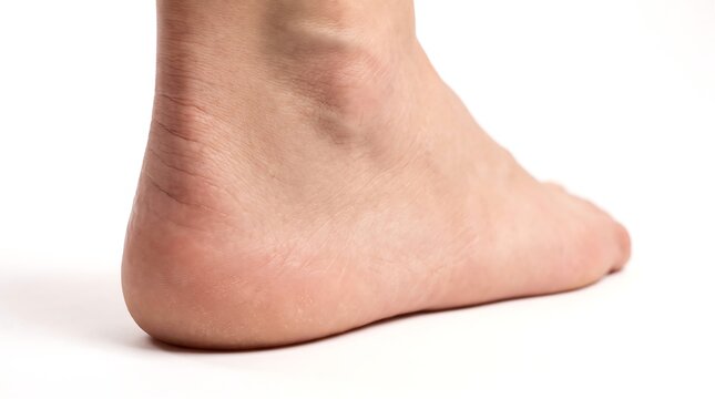 Close up of a human heel and ankle on a white background.