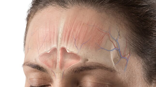 Anatomical illustration of human forehead muscles and facial structure.