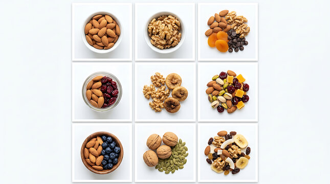 Top view collection of healthy mixed nuts and dried fruits arranged in a grid of nine squares showing various snacks including almonds walnuts raisins and apricot slices