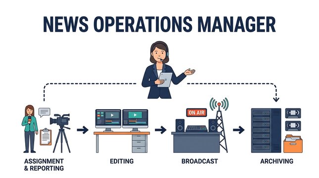 News operations manager overseeing assignment editing broadcast and archiving vector graphic