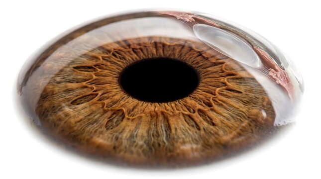 Close up of a human brown eye iris with a clear cornea.