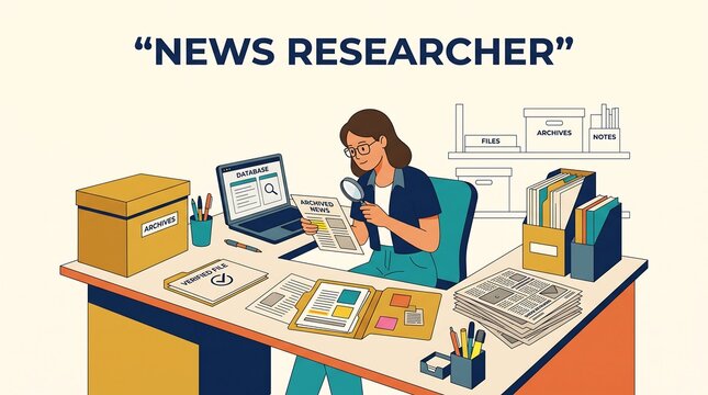 News researcher examining archived news articles with a magnifying glass at desk vector design