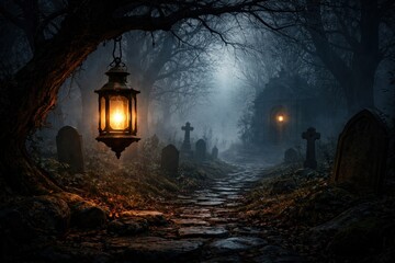 Fototapeta premium Eerie lantern illuminates foggy path.