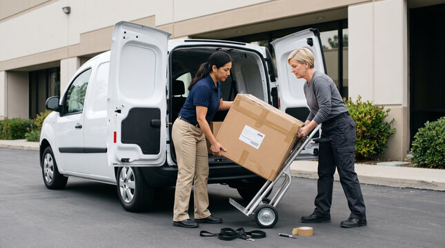 Two women loading parcel into delivery van