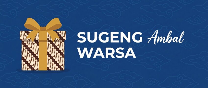 Sugeng ambal warsa Javanese birthday greeting card banner with batik parang gift box and ribbon bow on traditional mega mendung blue background for authentic Indonesian cultural celebration