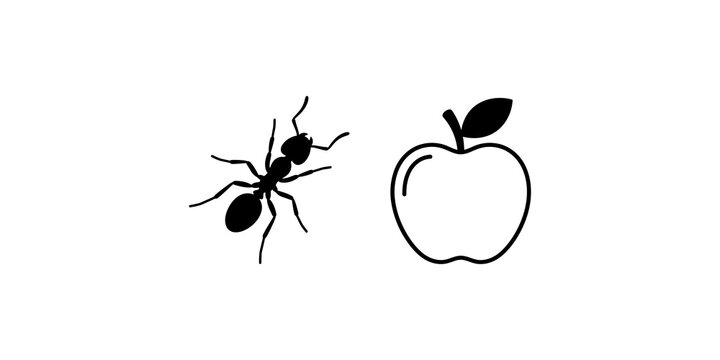Black silhouette of ant crawling next to outlined apple fruit icon for pest control and nature themes.