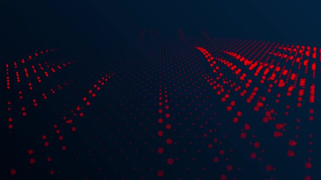 Glowing red digital dots forming intricate abstract grid patterns moving dynamically across a dark futuristic cyberspace background in modern virtual reality visualization