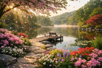Fototapeta premium Serene lakeside garden paradise