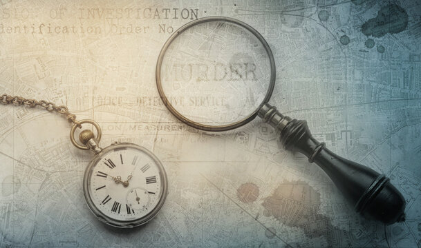 Magnifier, blood drops, clock, map and police form. Old background on the theme of crime, police, detective, investigation. Old style.