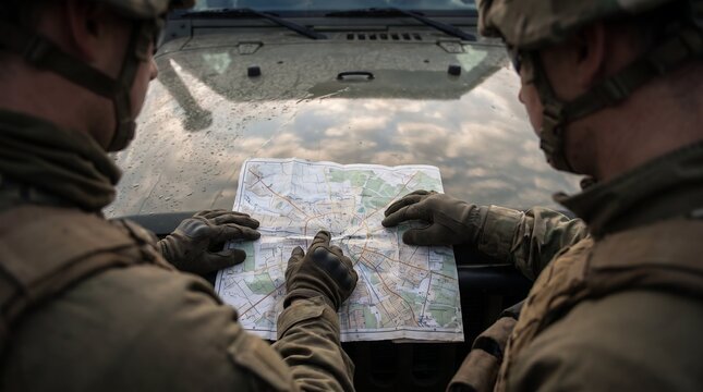 Military personnel reviewing a field map during tactical planning