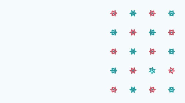 Seamless 4K looping winter holiday animation: snowflake grid pattern turning in turn. Flat vector shapes in teal and turquoise on a light background with generous copy space for your own greeting or t