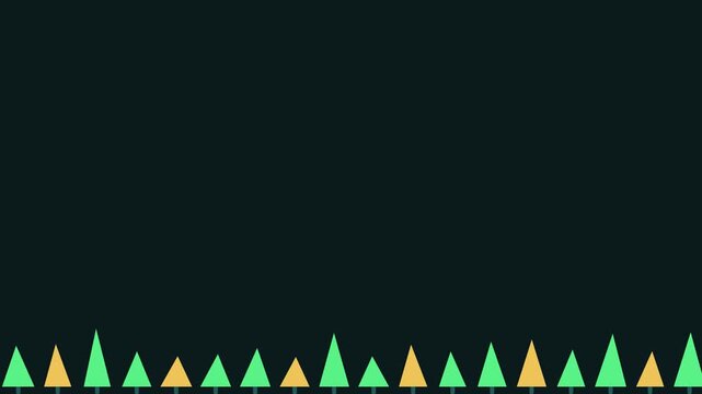 Seamless 4K looping winter holiday animation: triangle trees row gently swaying. Flat vector shapes in teal and turquoise on a dark background with generous copy space for your own greeting or title. 