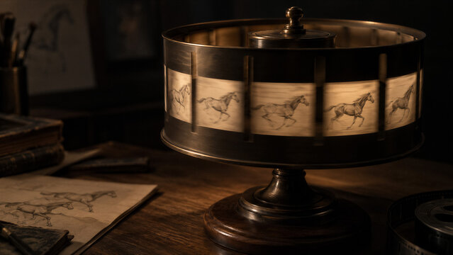 Spinning zoetrope with sequential horse drawings on a tabletop. International Animation Day. Early animation and moving image technology. Optical illusion and visual storytelling.