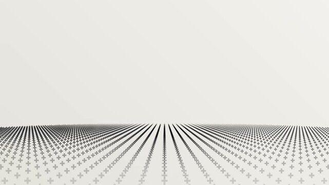 Abstract digital technology grid background with rows of moving black plus symbols on white surface for modern corporate presentations and data concepts