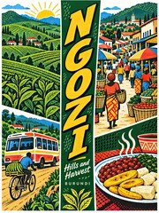 Fototapeta premium Illustrated Burundi harvest scene with Ngozi hills, cultivated fields, a village market, local produce, and a rural bus and bicycle.