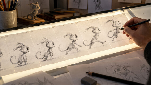 Animator sketching a cartoon creature on an illuminated animation desk. International Animation Day. Creative studio craft.